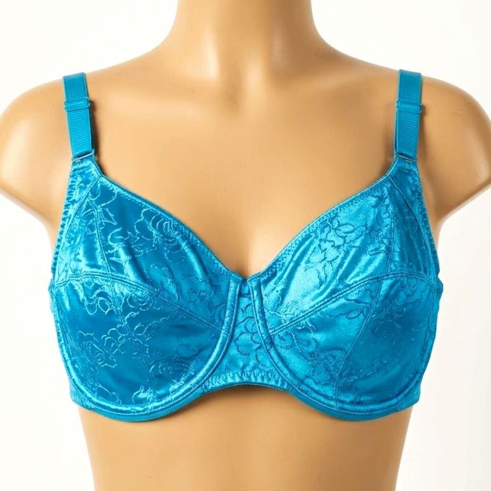 Olga 42DD Bra Blue Satin Floral Jacquard Underwire Full Coverage Unlined 33545